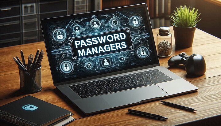 Laptop lying on desk with “password managers” visible on screen